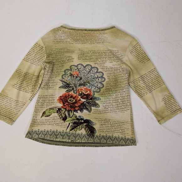 Y2K 3/4 Sleeve Beaded Top Graphic Letters Print Western Beading Flowers Floral - Picture 4 of 7